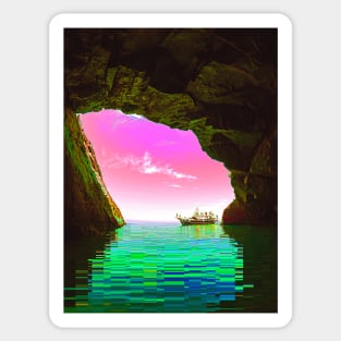 Pixel Sea Boat Glitch Art Sticker